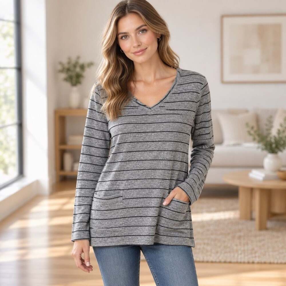 J.Jill Striped V-Neck Tunic Size S Gray Pocket Knit Long Sleeve